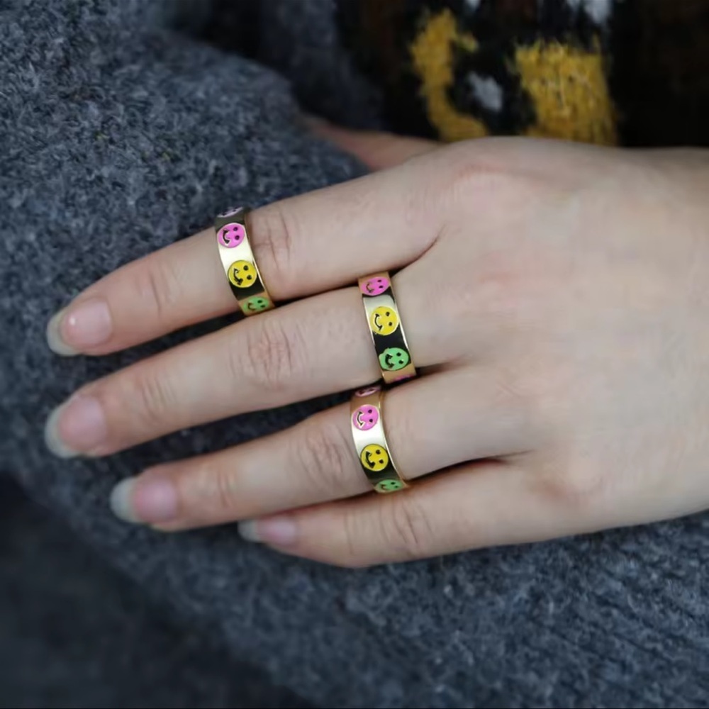No Bad Days Gold Plated Smile Ring with Colorful Smiley Faces Gift size 9
